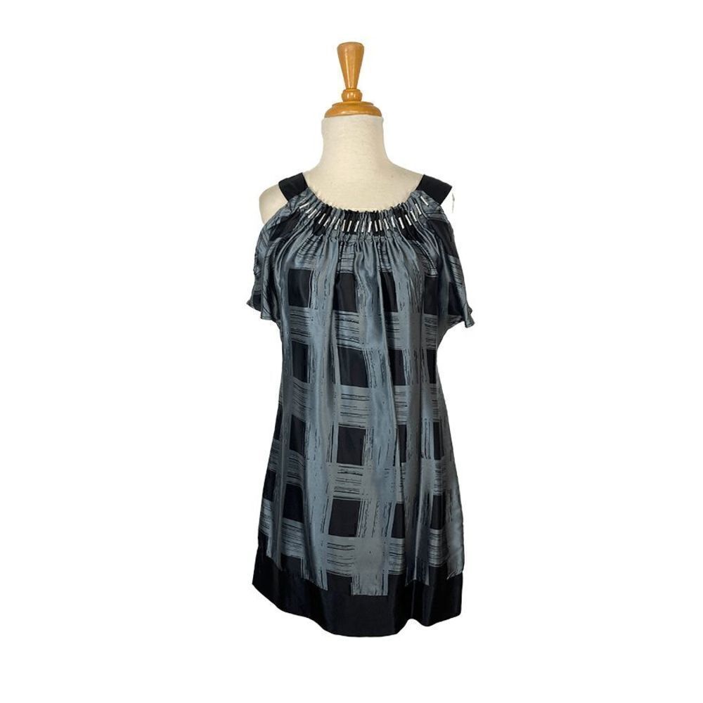 Kas New York S Blue Gray Silk Plaid Shift Dress Y2K VTG Cold Shoulder Art Party